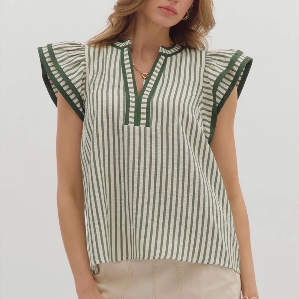 Entro Striped Green & White Flutter Sleeve Women's Top